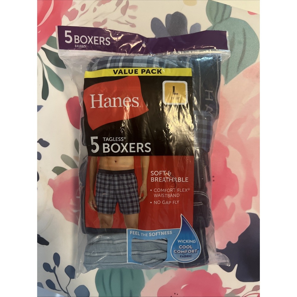 Hanes Mens Tagless Boxers 5 Pack Blue Navy Grey Cool Comfort Knit L 36-38